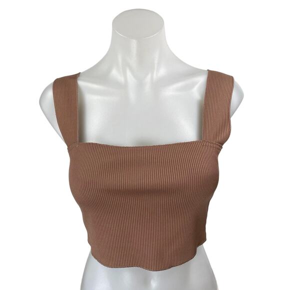 Missguided Brown Ribbed Knit Sleeveless Square Neck Cami Tank Crop Top Size 4 - Picture 1 of 4